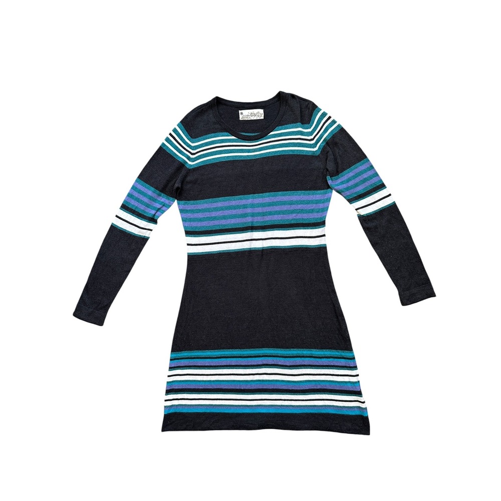 Aventura Sweater Dress Womens Large Grey Teal Purple Striped Long Sleeve Knit